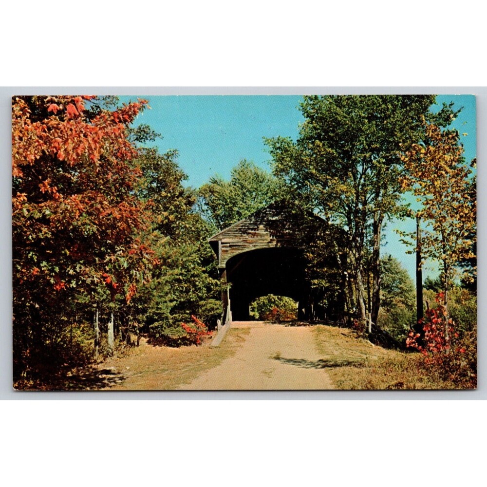 Postcard Maine Fryeburg Hemlock Covered Bridge Over Saco River ME c1960s Autumn